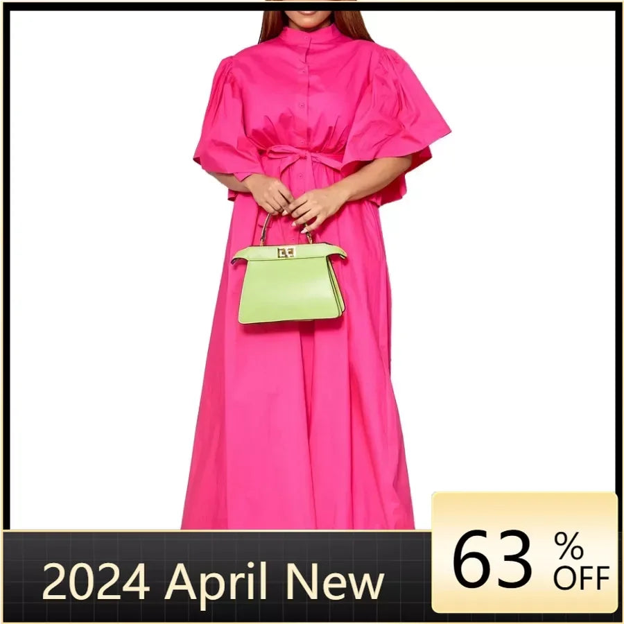 Maxy Elegant Dresses for Women Bow Collar Full Sleeve High Waisted A Line Mid Calf Luxury Female Birthday Party Dinner Vestidos Mujer