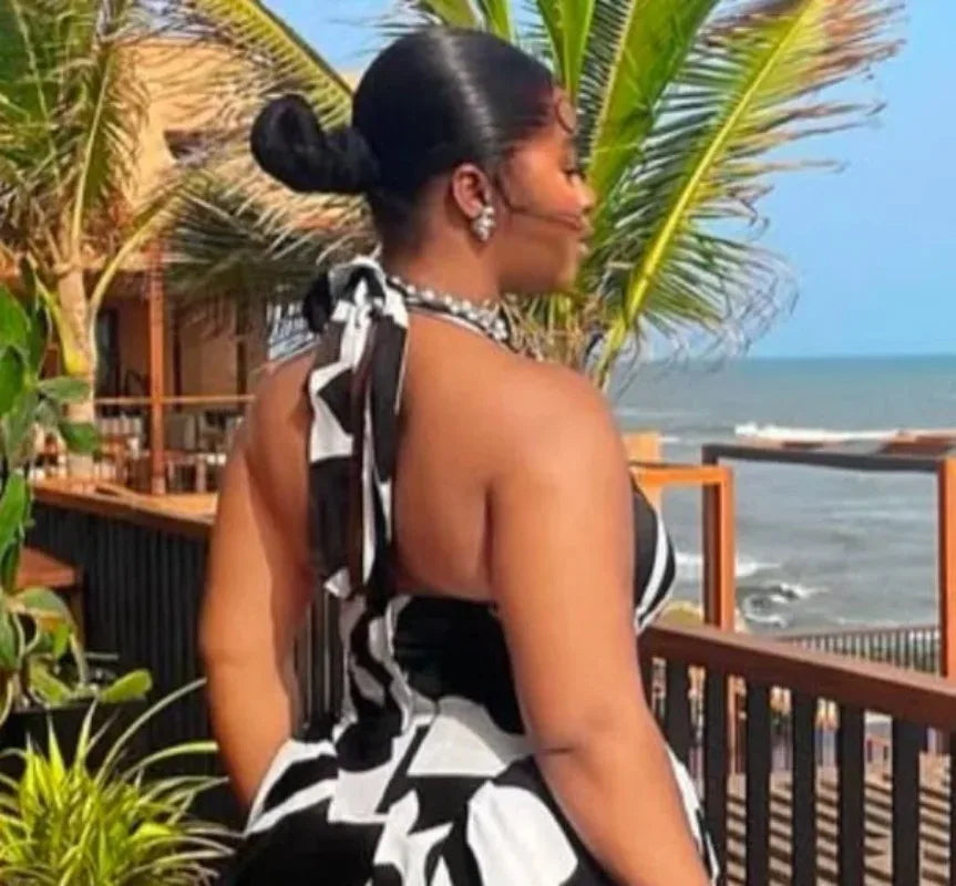 Maxy Women V-neck Sleeveless Halter Print Midi Dress Backless Elegant Birthday Beach Party Vestidos Big Swing Dresses