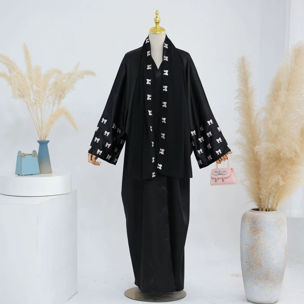Maxy Butterfly Embroidery Muslim Modest Cardigan for Women Ramadan Saudi Arabia Black Hijab Abaya Islam Turkey Kaftan Robe