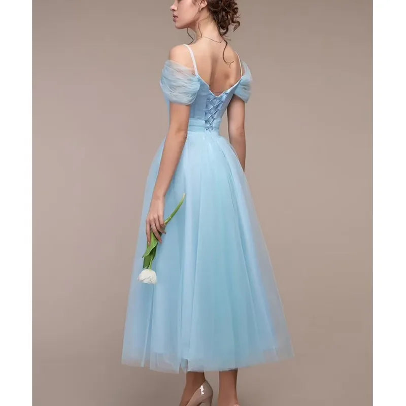 Maxy Women's Romantic Off Shoulder Ceremony Dresses Elegant Long Party Wedding Cocktail Bridesmaid Mesh Tulle Midi Wrap Gala Dress