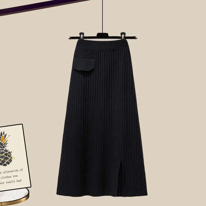 Maxy Women's Autumn and Winter Set New Loose Shawl Shirt High Waist Knitted Half Skirt Minimalist Fashion Two Piece Set