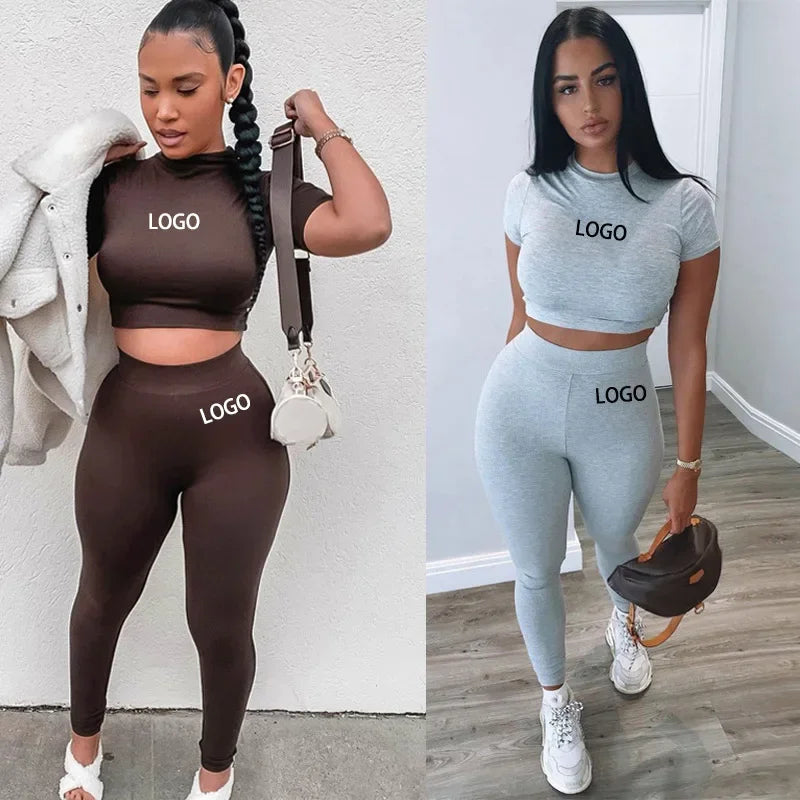 Maxy Custom Women Clothing ladies' suit Two Piece Fitted Pants and crop Set Short Sleeve Skinny Crop Top Jogger Sweatpants Set Women