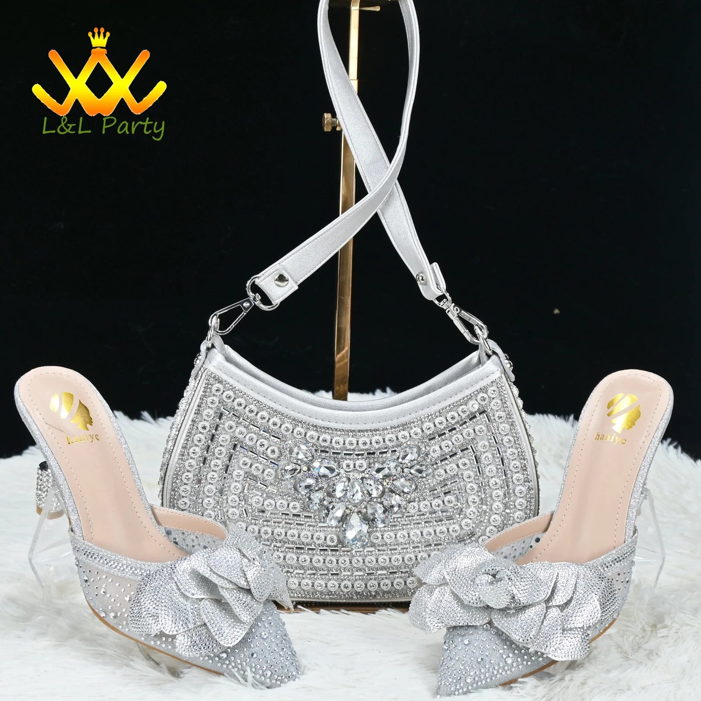 Max Elegant Style Special Design New Arrivals Italian Women Shoes and Bag Set in Silver Color Comfortable Heels for Slipper