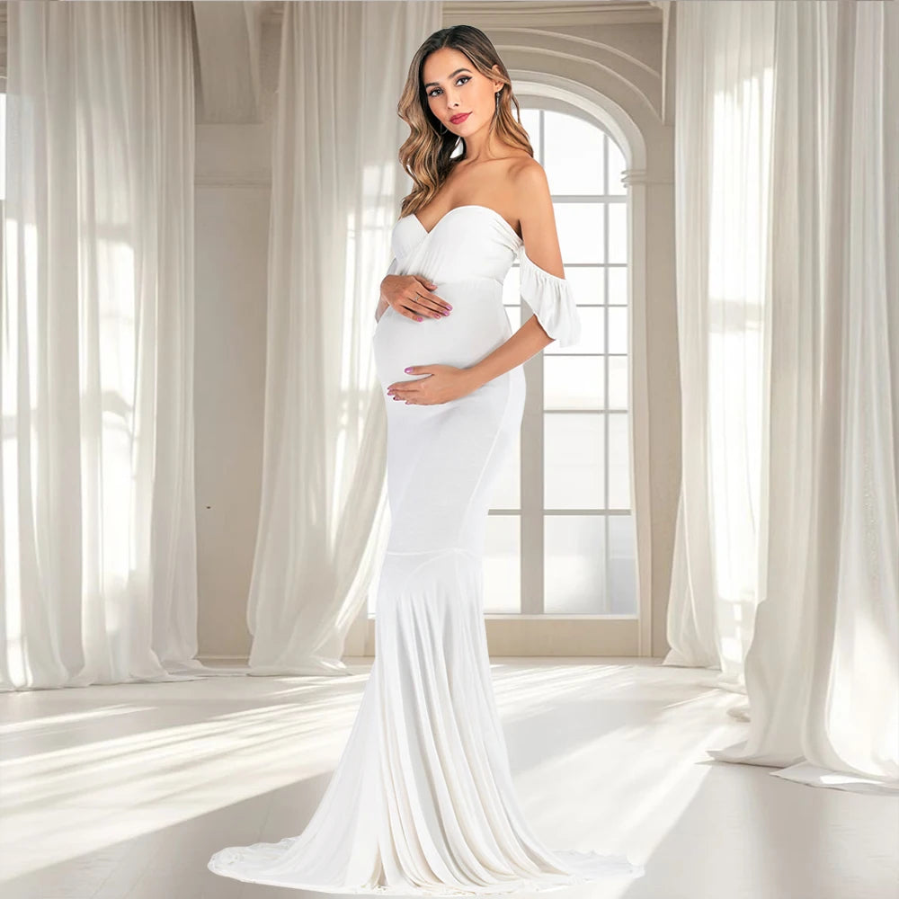 Maxy Maternity Dress Photography Tube Top Ruffle Sleeve Slim Fishtail Bridesmaid Wedding Maxy Gown Pregnant Baby Shower Robe