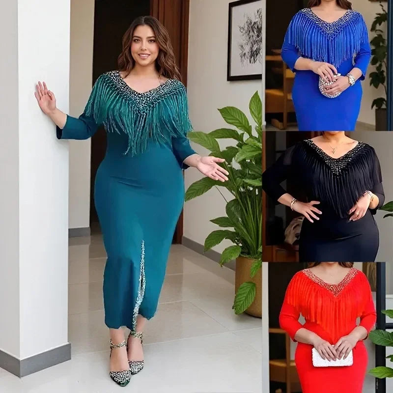 Amay Dresses for Women Plus Size Clothing Summer Long Sleeve Tassel Party Evening Maxy Dress Outfits Dashiki Luxury