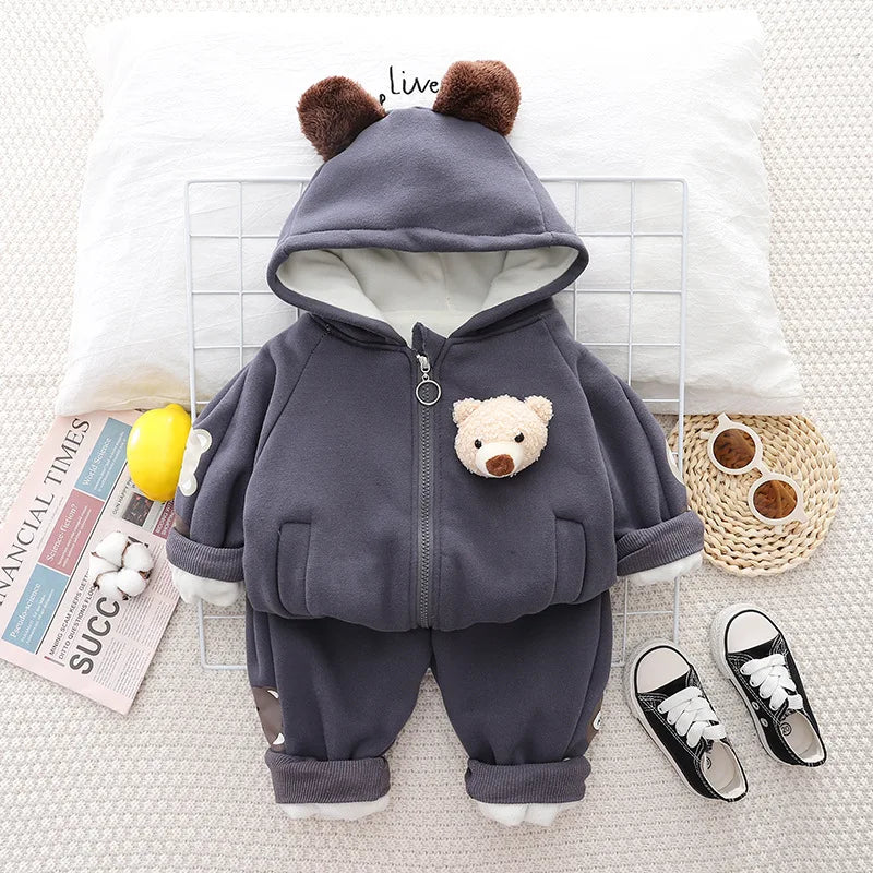Maxy Plush Baby Boys Clothes Children Cartoon Bear Hoodies Jacket Pants 2Pcs/Set Toddler Casual Sportswear Kids Tracksuit