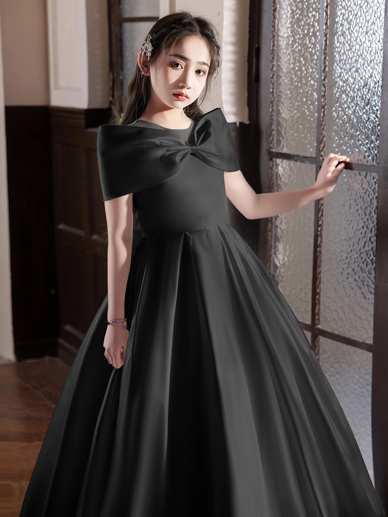 Maxy Girls, Teenagers Black High-End Long Dresses Children's Birthday Parties Weddings Big Bows Evening Dresses