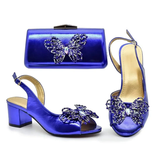 Maxy Latest High Fashion Shoes and Bags Matching Set Decorated with Diamond Butterfly Shoe and Bags Set for Wedding