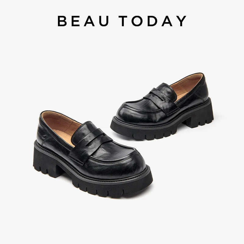 Maxy BEAUTODAY Platform Loafers Women Embossing Cow Leather Dress Shoes  Ladies Slip-on Flats Spring Autumn Handmade 26635
