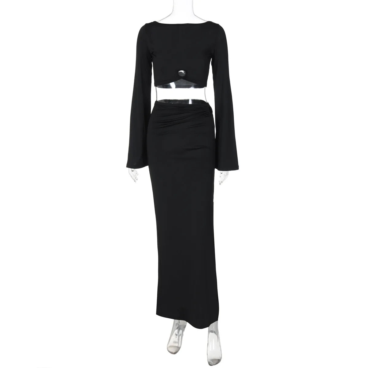 Trendix High Slit Long Skirt Sets Women's Sexy Backless Long Sleeve Hollow Short Top Party Elegant Sheath Skirt 2PCS Suits Women
