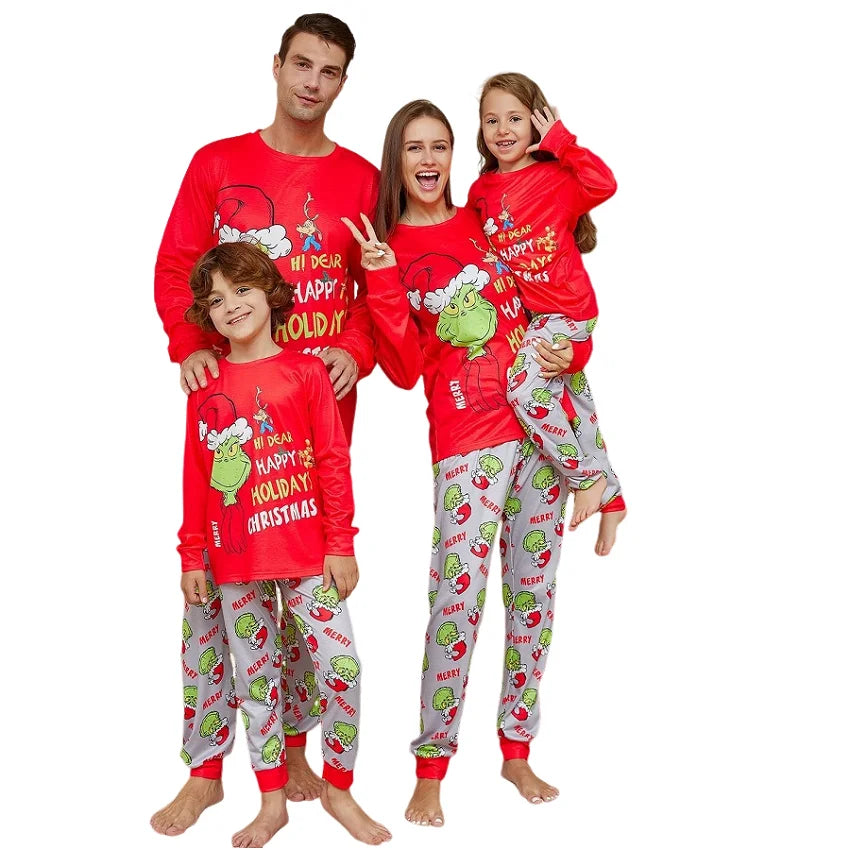 Maxy Xmas Family Matching Pajamas GREENCH Happy Holiday Letter Print Adult Kid Baby Family Matching Outfit Christmas Family Pj's