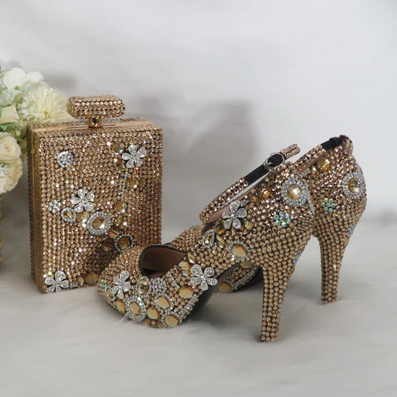 Momsey Peep Toe crystal Woman wedding shoes with matching bags Bridal fashion High Thick heel shoe Women party dress shoes Ankle Strap