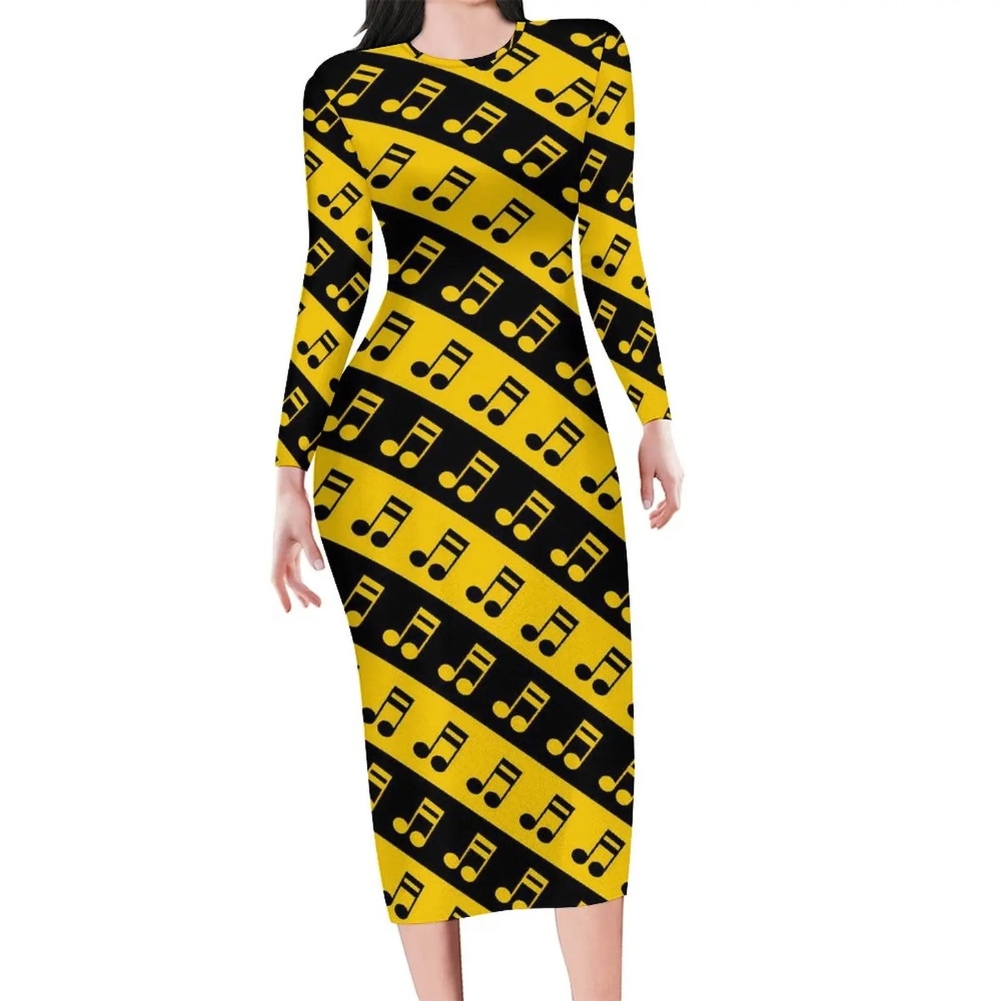 Amay Rainbow Music Notes Dress Long Sleeve Retro Print Kawaii Dresses Autumn Ladies Aesthetic Custom Bodycon Dress 3XL 4XL 5XL