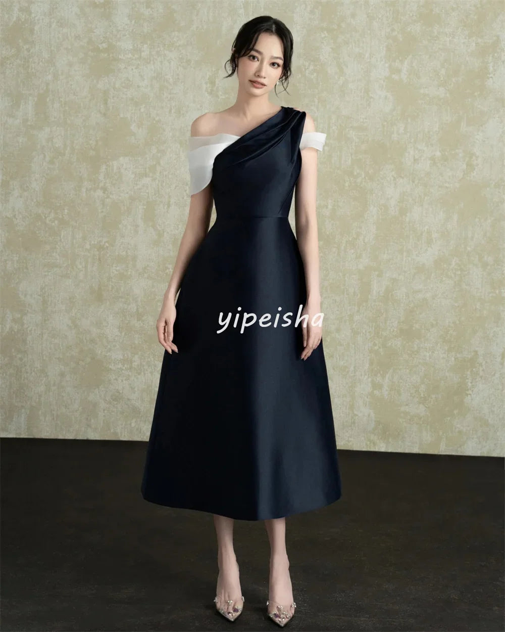 Maxy Customized Unisex Matching Fashion Pleat Rached A-line Off-the-shoulder Midi Dresses Bespoke Occasion Dresses Classic Casual
