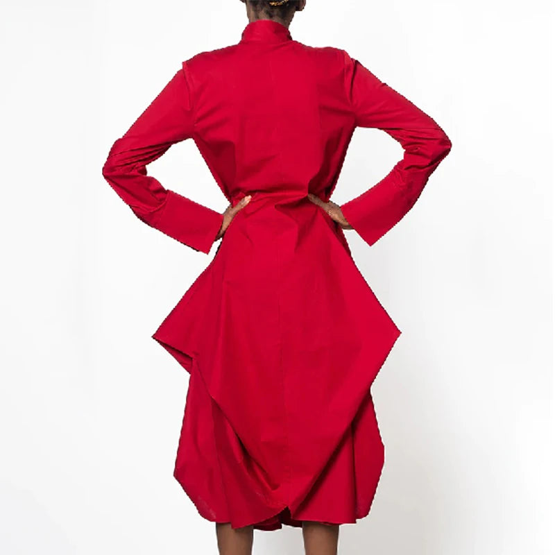 Maxy Oenocyan Stylish Women's Elegant Party Dress Solid Red Long Sleeves Stand-Collar Loose Prom Midi Dresses For Women