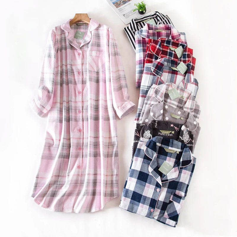 Maxy Ladies 100% Cotton Nightgown Plus Size Nightdress Long-sleeved Flannel Plaid Print Women Sleepwear Nightshirt Button UP Nightie