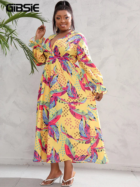 Maxy Plus Size Deep V Neck Boho Print Maxy Dress Women Spring Fall Casual Vacation Beach Elastic Waist Swing Dresses