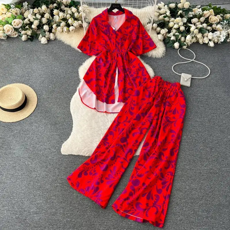 Maxy Fashion Floral Two Piece Set For Women Print Short Sleeve Lapel Tops+High Waist Wide Leg Pants 2 Pieces Sets Summer Suit