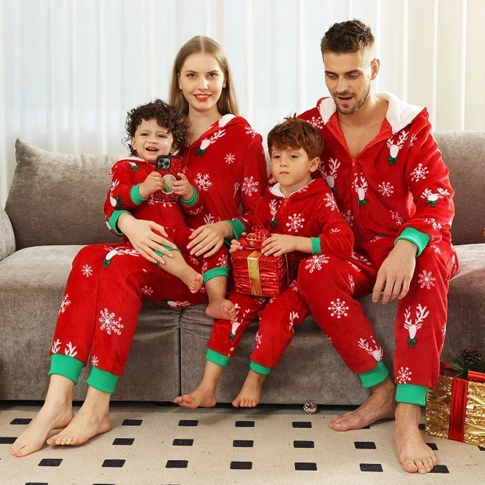 New Family Christmas Clothes Red Flannel Pajamas Warm Soft Jumpsuit Print Parent-child Matching Outfits Hooded Romper Xmas Look