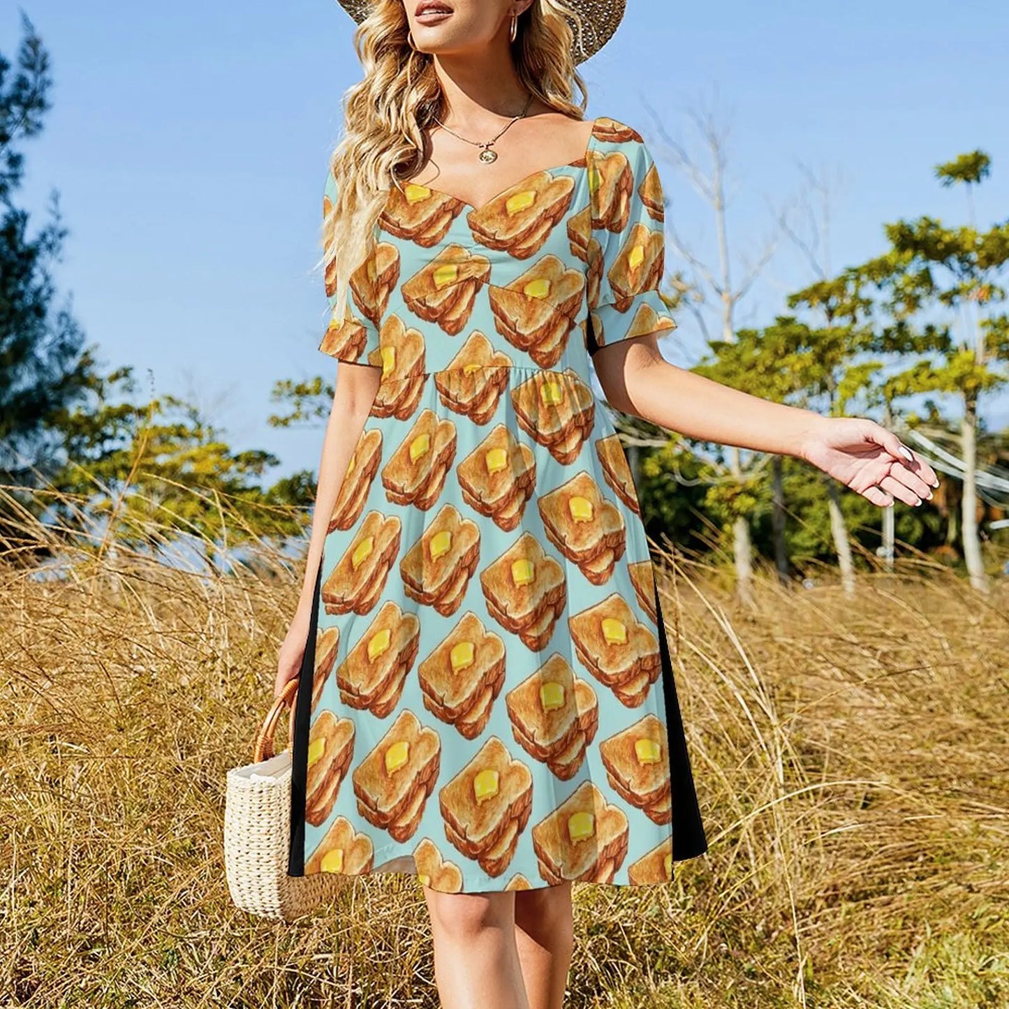 Maxy Buttered Toast Pattern Short-Sleeved Dress Clothing female summer dress women chic and elegant woman dress