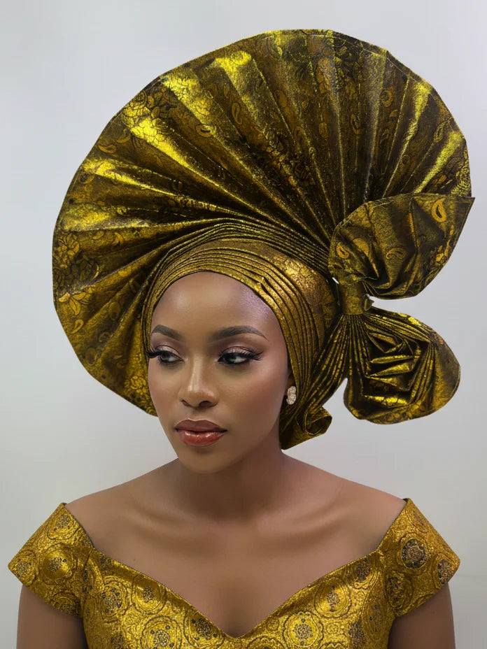 Maxy Head tie Gold Sego Head Wrap Handmade Luxury African Gele Turban, Women’s Party Wedding Head Wear