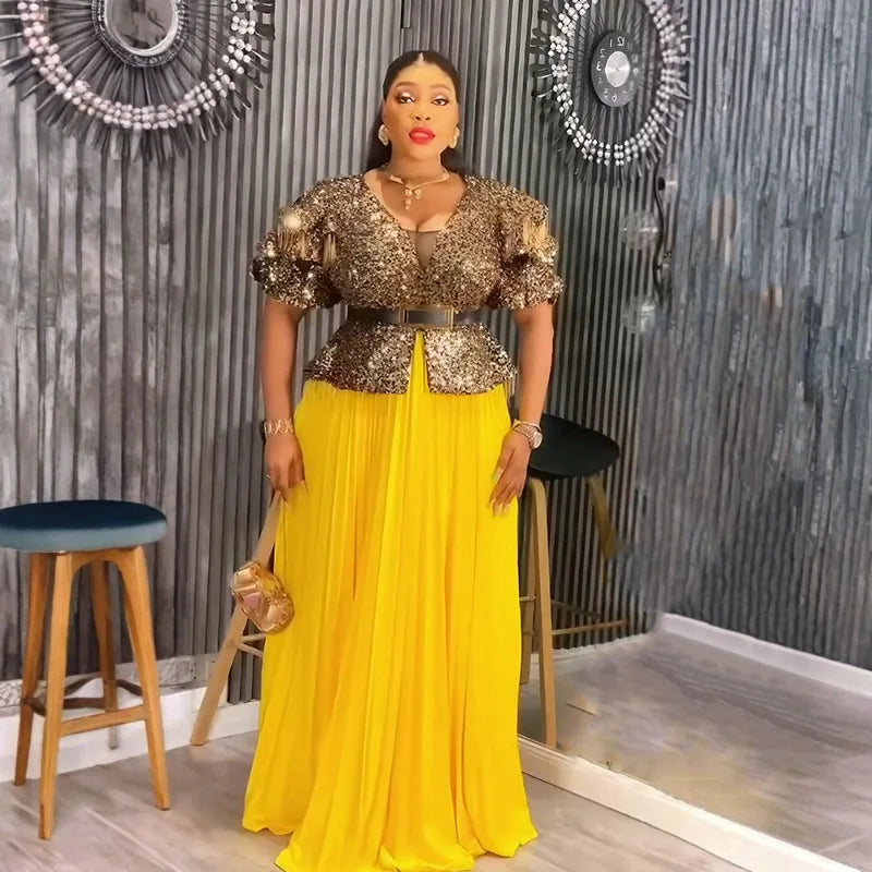 Maxy Plus Size African Women Dress Elegant Sequin Golden Dresses Evening Gown Wedding Reception Attire Dubai Party Clothes Oversize