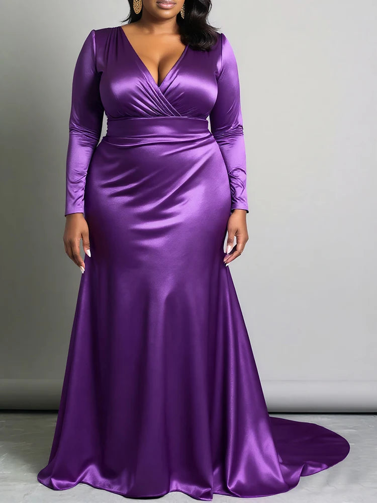 Maxy Women's Plus Size Dress Sexy V-neck Long Sleeve Rushed Satin Evening Party Cocktail Satin Maxy Dress Wedding Guest Dress