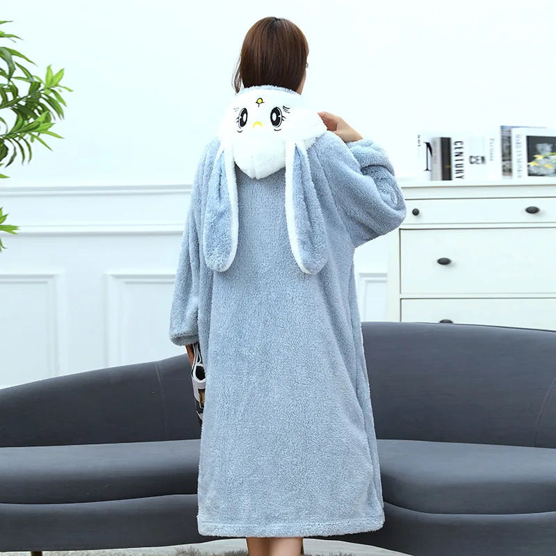 Babs Cute Pink Rabbit Cosplay Sleepwear Flannel Nightgown Cartoon Soft Pajamas Nightdress Plush Hooded Bathrobes Home wear Loungewear