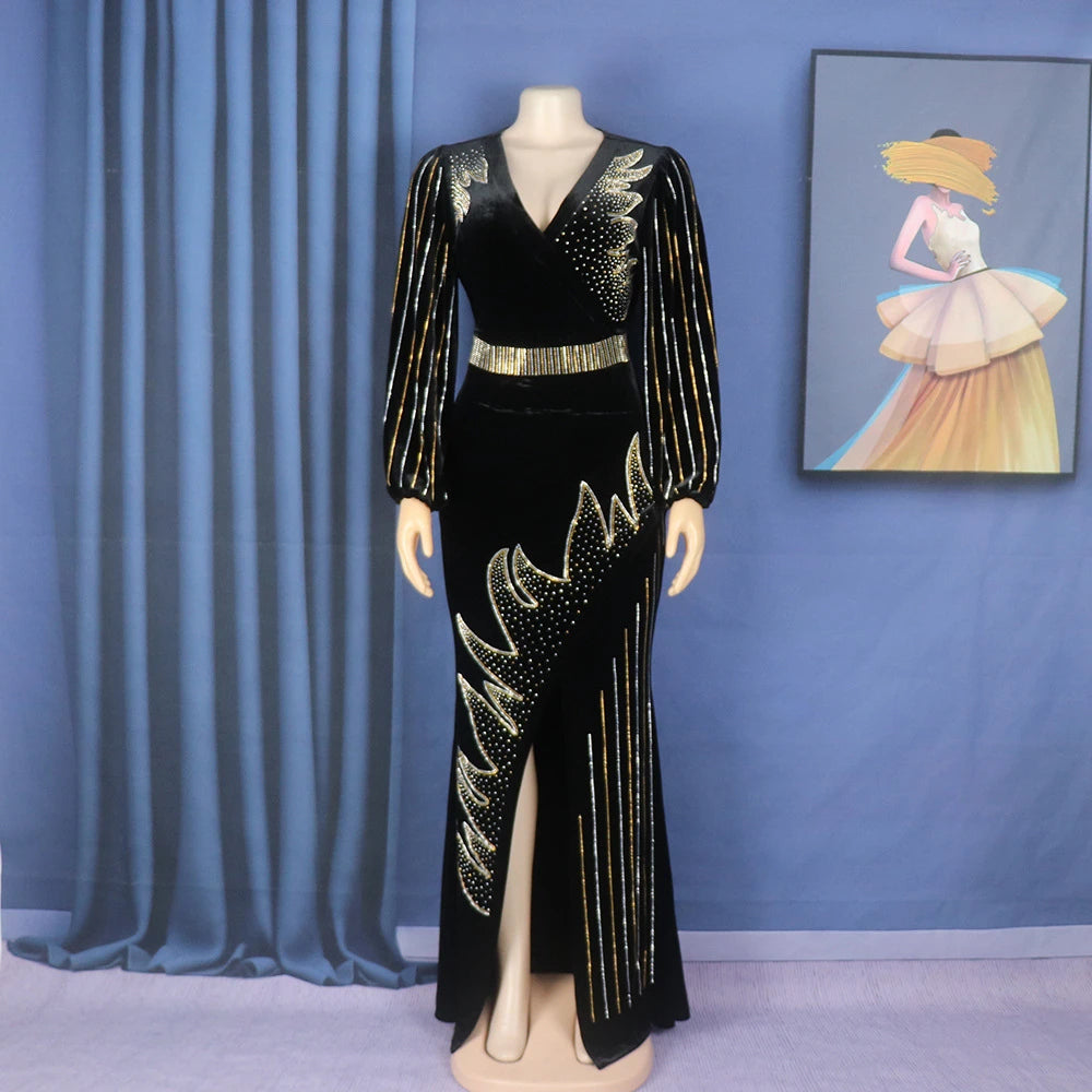 Plus Size African Women Velvet Diamonds Bodycon Marmaid Dress Dubai Kaftan Muslim Dresses Africa Ankara Dashiki Party Gown Robe