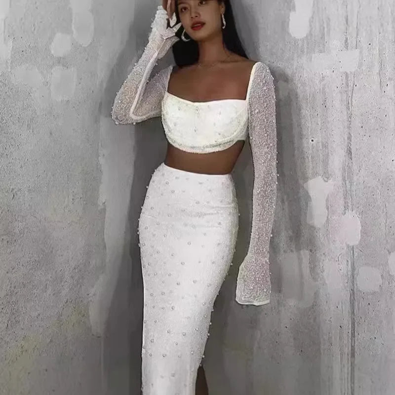 Maxy Luxury Y2k Bodycon Sexy Two-piece Set Skirt Sets Sequins Pearls Women Outfits Evening Party Gowns Chic Dresses Short Suits White