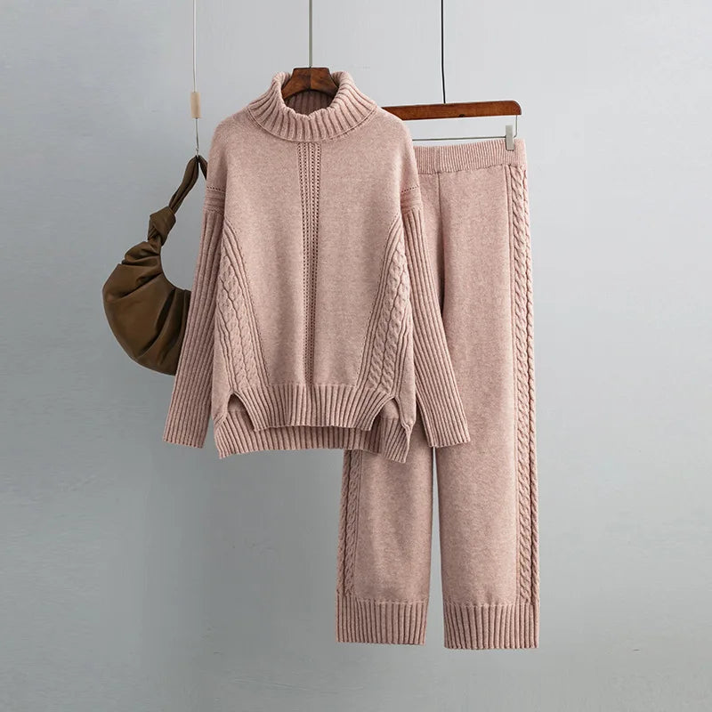Maxy HLBCBG Cashmere Women Tracksuits Knitted Thick Women Turtleneck Sweater 2/Two Piece Sets Drawstring Harem Pants Suits Outfits