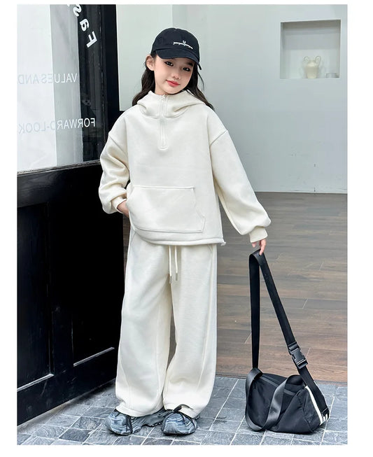 Maxy Girls Fleece Thick Hoodies Suits Children New Autumn Winter Fashion Top and Pants Two-piece Set Korean Simple Style