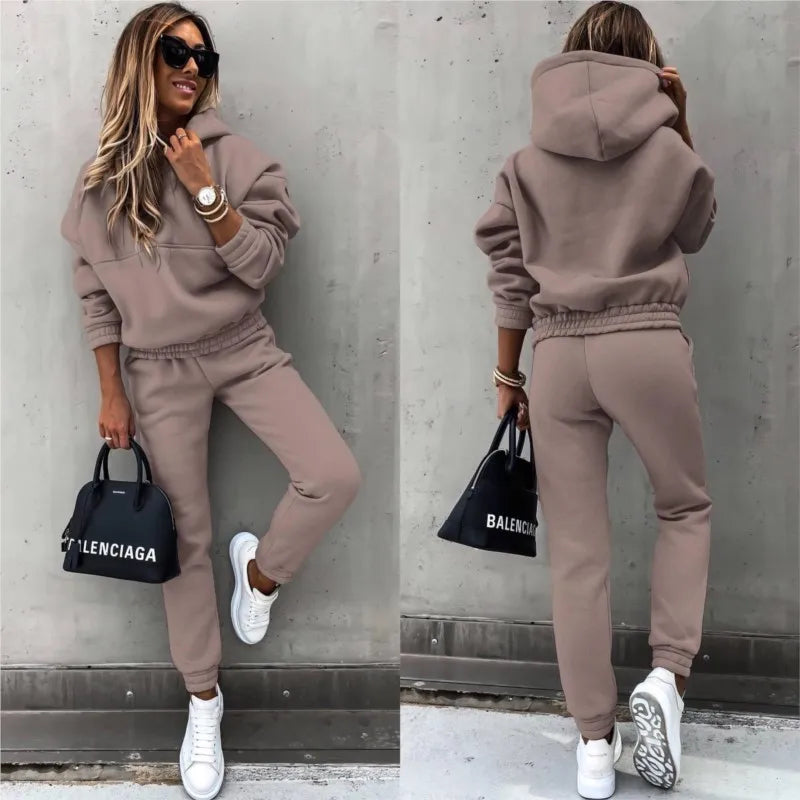Maxy Autumn Winter New Solid 2 Piece Set Long Sleeve Hoodie Women Casual Suit Fashion Loose Sports Hoodie Small Foot Pants Office Set