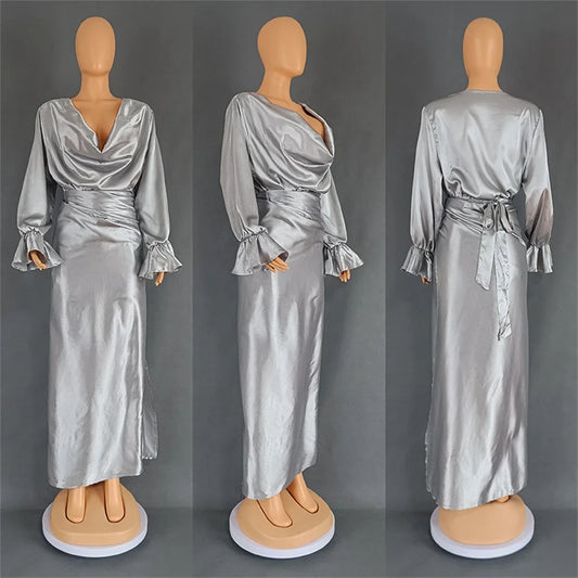 Maxy Elegant Women Summer Dress 2 Piece Set Shiny Satin Pile Collar Long Sleeve Tops and Wrap Midi Skirt Suit Party Church Clothes