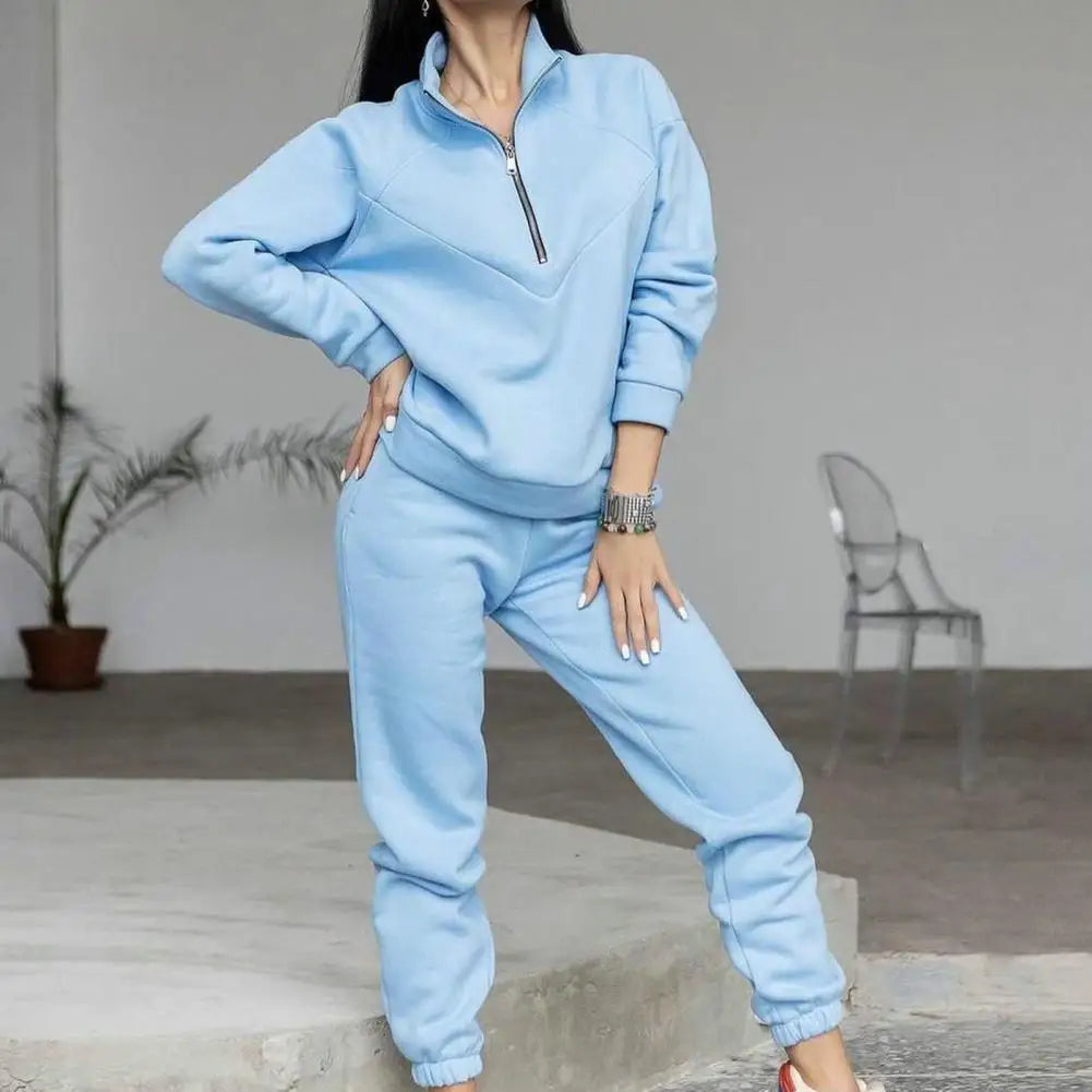 Maxy 2 Pcs/Set Fall Sweatshirt Pants Set Loose Warm Stand Collar Elastic Waist Lady Autumn Tracksuit for Daily Wear