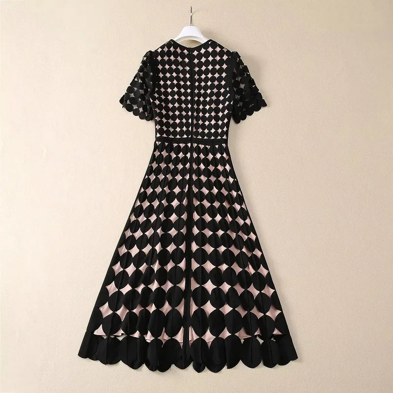 Maxy High Quality Brand New Spring Dress Women Hollow Out Dot Patterns Short Sleeve Mid-Calf Length Black Coffee Pink Dress XXL