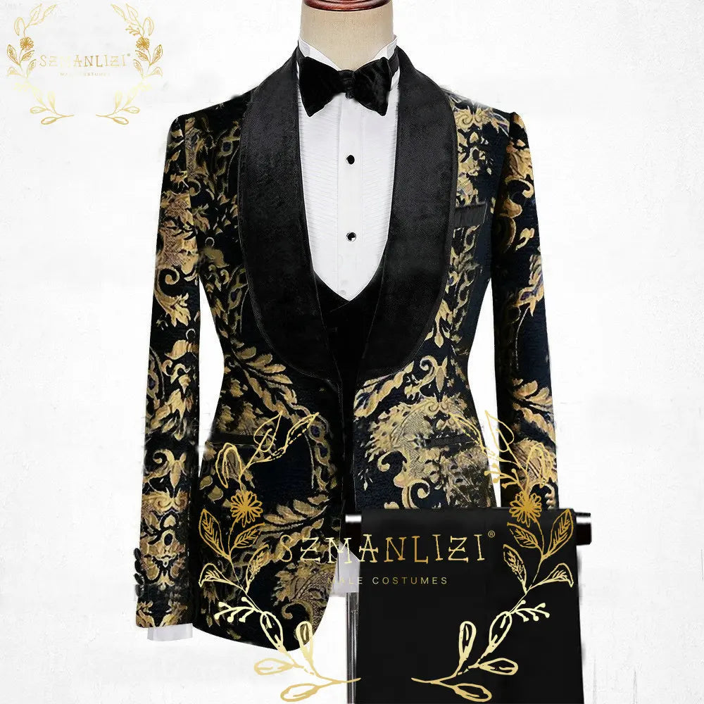 Visco Handsome Blue Gold Floral Rim Stage Men Suit Set Stand Collar Men's Suits (Jacket+pants+vest)