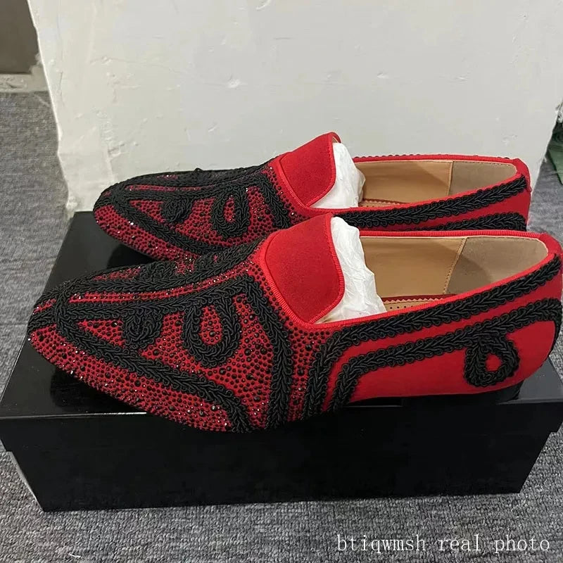 Visco Red Embroidery Rhinestone Shoes Man Pointed Toe Flower Slip On Flats Male Fashion Party Shoes