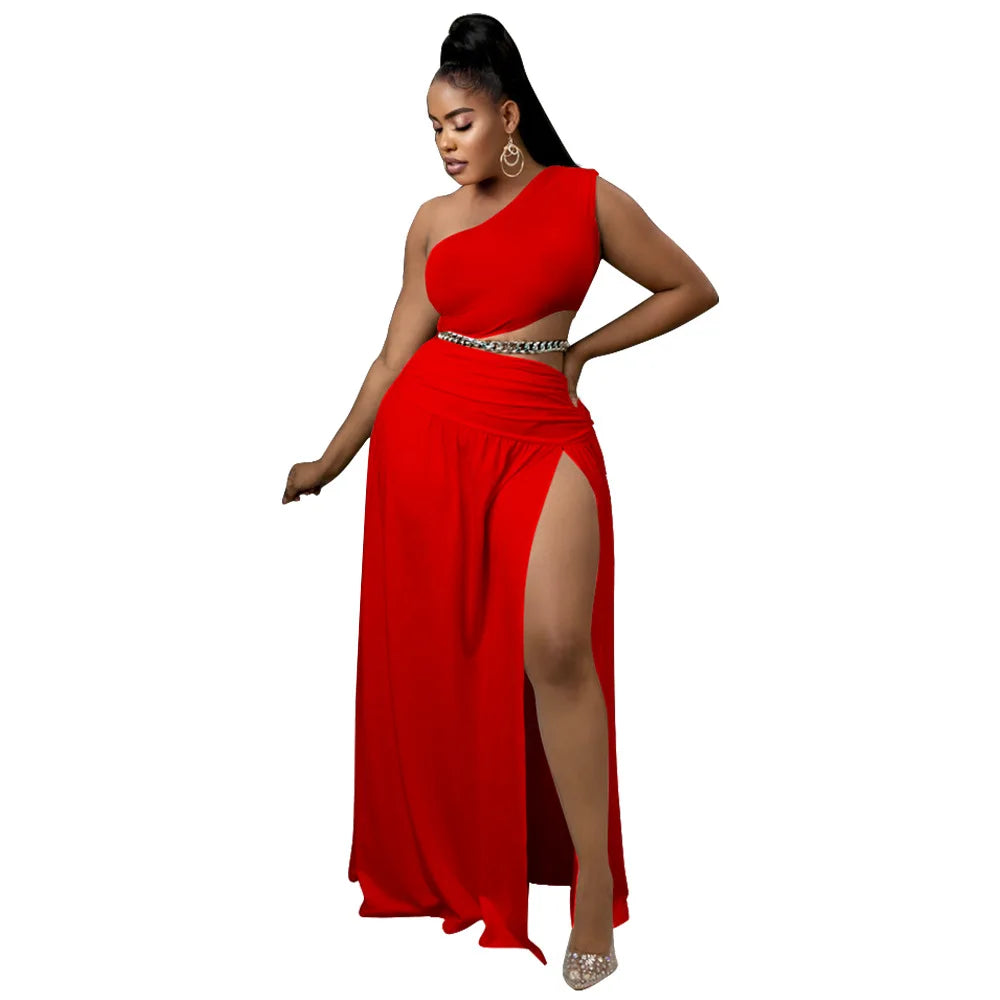 Maxy Women Clothes Set Sexy One Shoulder Crop Top Side Split A Line Skirt Beach Party Two Pieces Set Summer