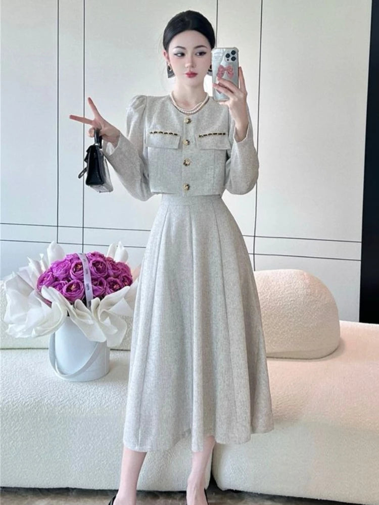 Maxy Korean Fashion Long Dress Set Women Vintage Elegant Office Lady Chic Skirt Sets Female Spring Casual Slim Evening Party Sets