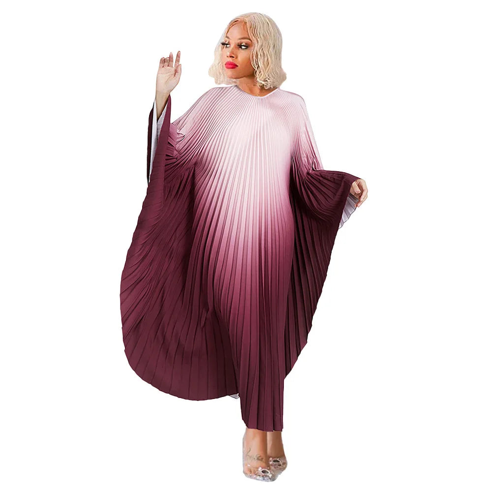 Maxy Fashion Gradient Color Pleated Dress in Spring Stylish and Loose Fit Oversized Printed Bat Sleeves Slimming Long Pleated Dress