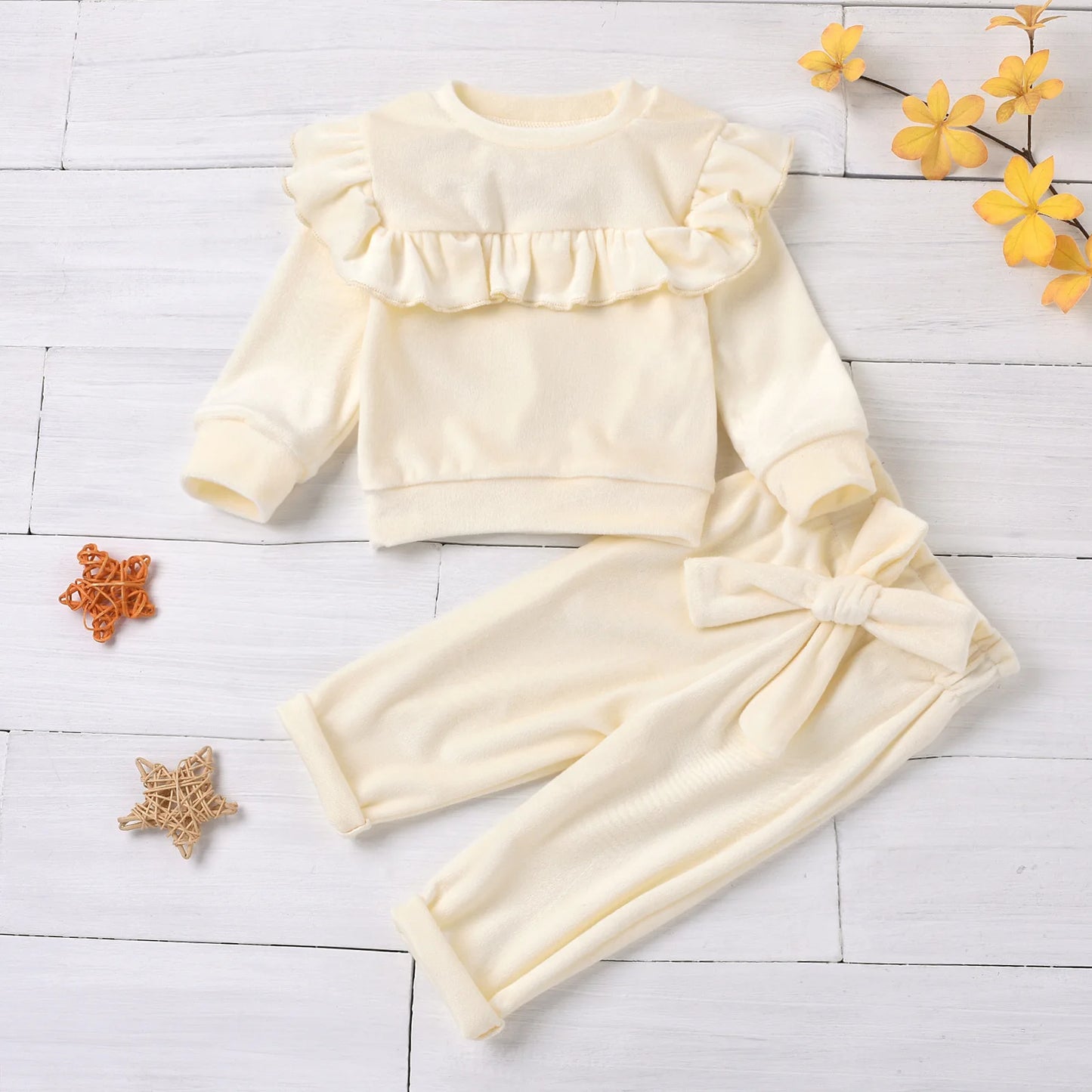 Babs Spring Autumn Toddler Baby Girls Velvet Outfits Warm Clothes Sets Ruffle Hoody Top Coat Bowknot Pants 2pcs Kids Winter Clothing