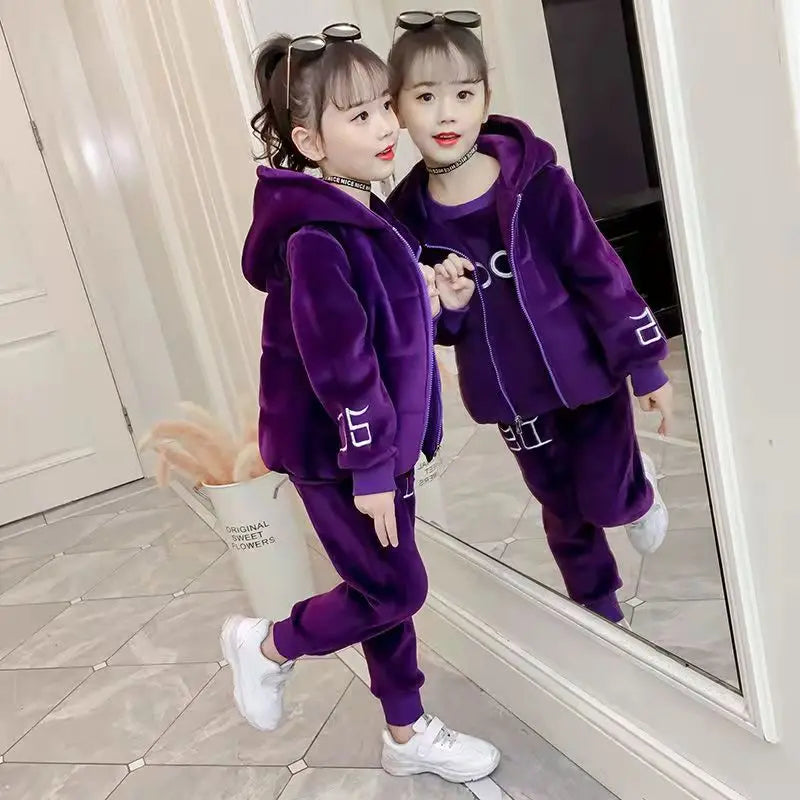 Maxy 2024 Autumn winter girls tracksuit Toddler Teenager Clothes tiger velvet jacket + hoodie + Pant Children set 4 8 9 10 11 12 year