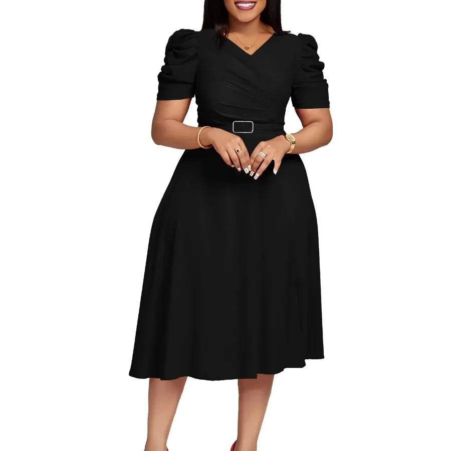 Summer Fashion Office Ladies A-line Skirt African Women Casual Solid V-neck Bubble Sleeve Belt A-line Dress Women