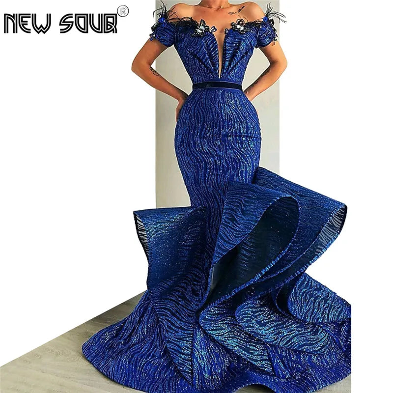 Muslim Royal Blue Evening Dresses Dubai Prom Dress Saudi Arabia Formal Pageant Gowns Off Shoulder Long Turkish Party Gowns 2019