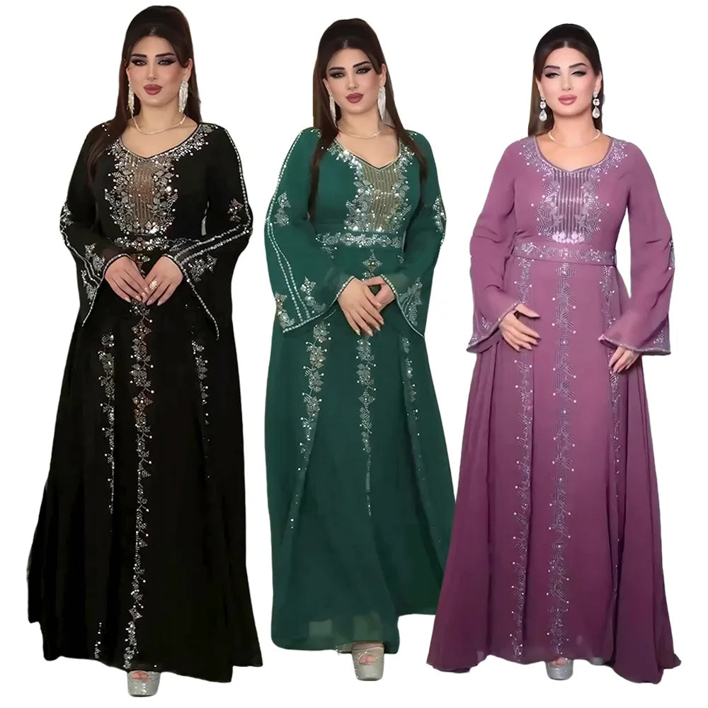 Maxy Muslim Women Diamonds Maxy Dress Evening Party Gown Dubai Abaya Turkey Kaftan Kebaya African Dresses Islam Jalabiya Caftan Robe
