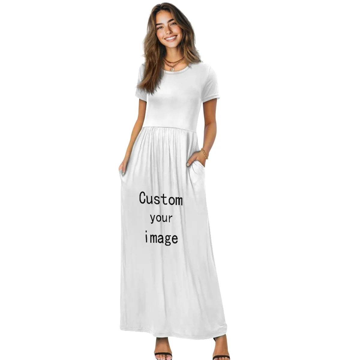 Maxy New Plumeria Style Short Sleeve Pleated Casual Dress Polynesian Loose Pocket Long Dress Women's Casual Comfortable