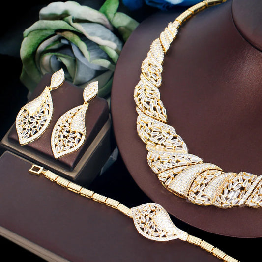 Maxy Three Graces Exquisite Shiny Cubic Zirconia Stone 4pcs Dubai Nigerian Bridal Wedding Banquet Dinner Jewelry Set for Women TZ833