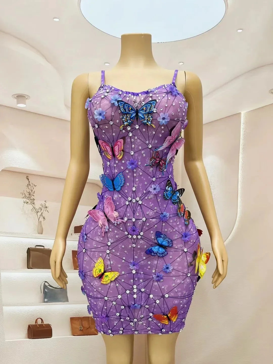 Glitter Babs Summer Dress New Arrival Butterfly Purple Designer Prom Gowns Celebrity Birthday Evening Party Stage Wear