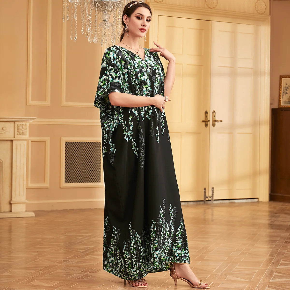 Maxy Summer Print Loose Dress Women Muslim Kimono Sleeve Robe Dubai Abaya Turkey Kaftan Marocain Caftan Arabic Party Gown